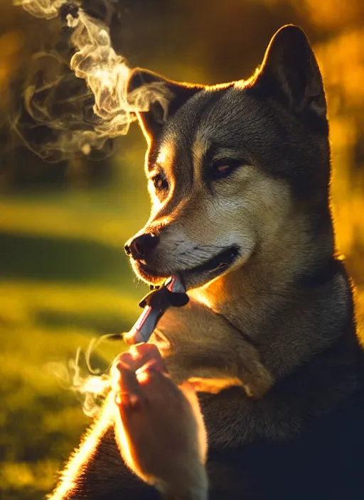 Image similar to Digital art of Shibu Inu smoking, 35mm, f/1.4, Golden Hour light, ,