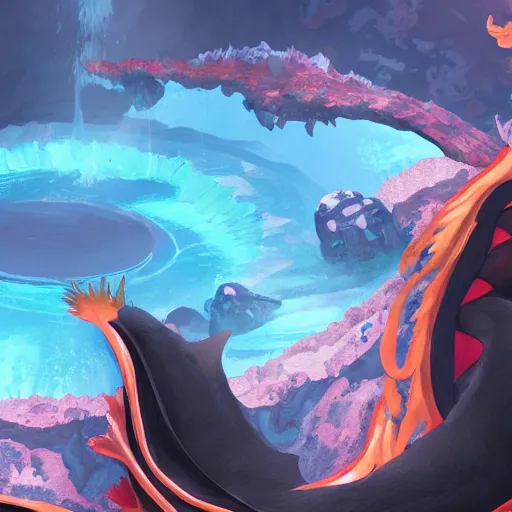 Image similar to a black dragon in the middle of a colorful geothermal hotspring in a cavern, featured on artstation