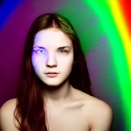 Prompt: ultraviolet spectrum portrait of a young woman, facial closeup, Baader U Venus filter, ultraviolet photography