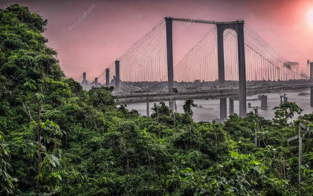 Prompt: dystopian photo of the verrazano bridge destroyed and overgrown with jungle ruins and vines at sunset, scenic cinematic landscape dystopian, photoreal