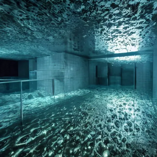 Prompt: photo of a bizarre oddly-shaped interior submerged in water everywhere