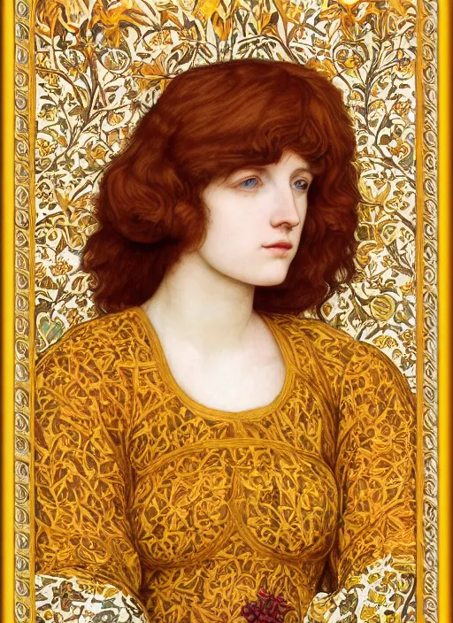 Image similar to preraphaelite full body reclining portrait photography masterpiece, perfectly poised, brown hair fringe, yellow ochre ornate medieval dress, william morris and kilian eng, framed, 4 k