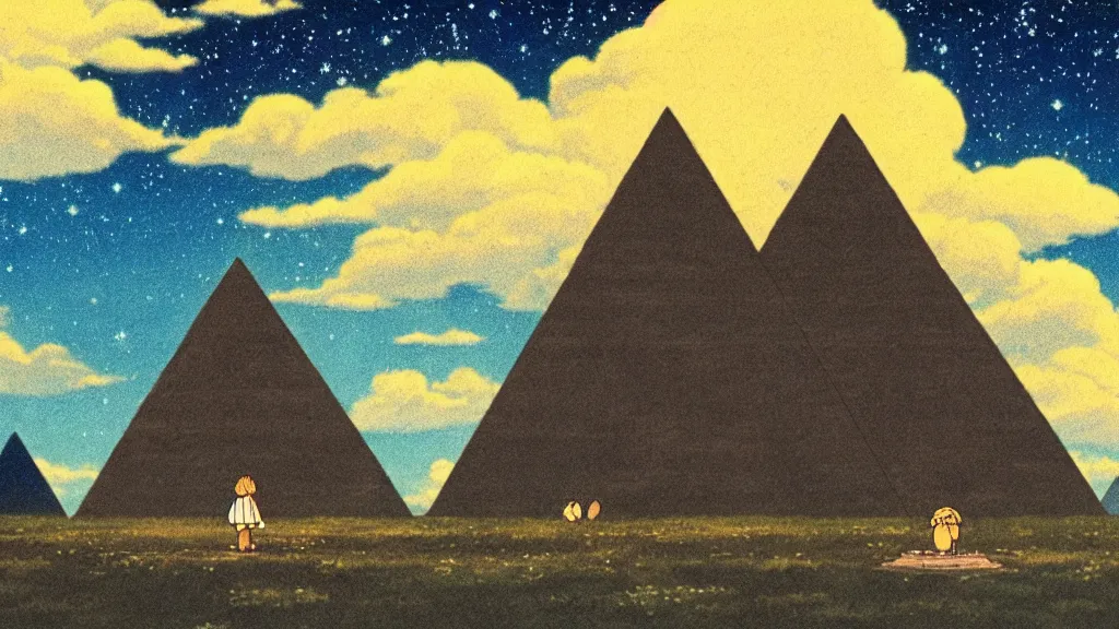 Prompt: a movie still from a studio ghibli film showing a huge glowing pyramid with a floating gold capstone on a misty and starry night. by studio ghibli