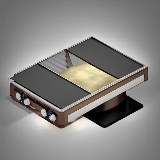 Image similar to an old, filthy, broken, 1960s-era, retro device, made of brushed steel, for displaying recipes, digital pong screen, set on a kitchen counter, dramatic constrasting light, redshift render, but as high contrast photography, featured on behance, golden ratio, f32, well composed, cohesive, from the show X-Files