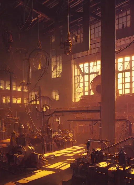 Image similar to beautiful interior of a steampunk factory, ross draws, james gilleard, delphin enjolras, goro fujita, makoto shinkai, paul lehr, volumetric lighting, octane render, very coherent, trending on artstation