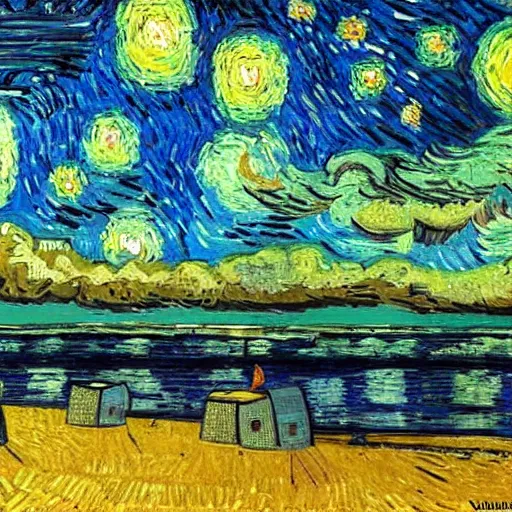 Prompt: tiki huts on beach in the style of starry night by Van Gogh