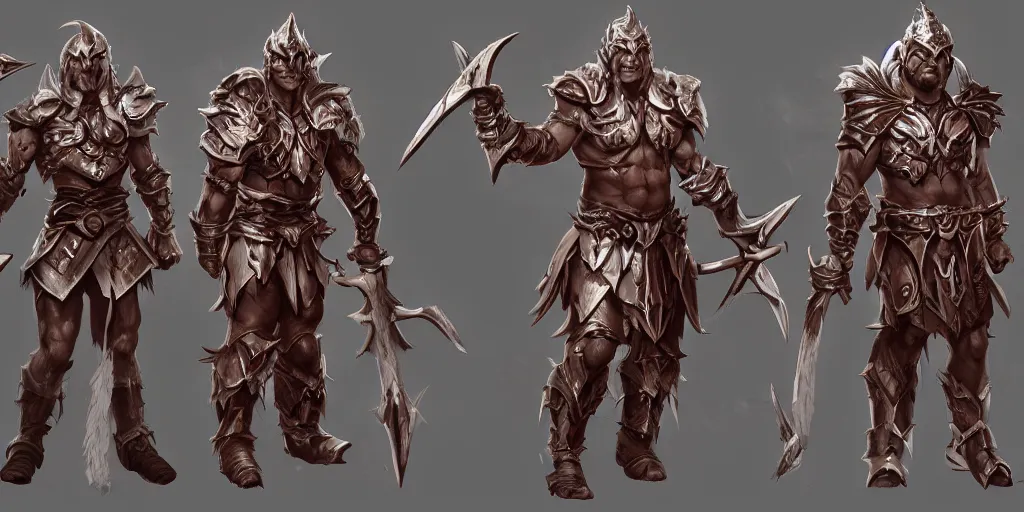 Image similar to ! dream three different views of a tough and intimidating barbarian armor, concept art by senior character artist, trending on artstation, artstation hd, full body