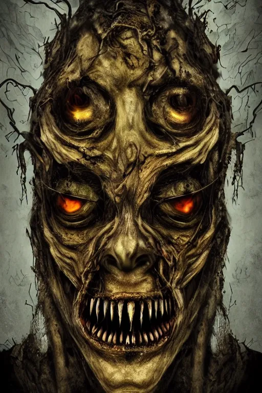 Image similar to portrait of the god of decay and rot, character design, scary, radiating with power, glowing yellow eyes, whirling death, disgusting, dripping, oily, decomposition, ghostly mist, scary, unreal engine, photorealistic