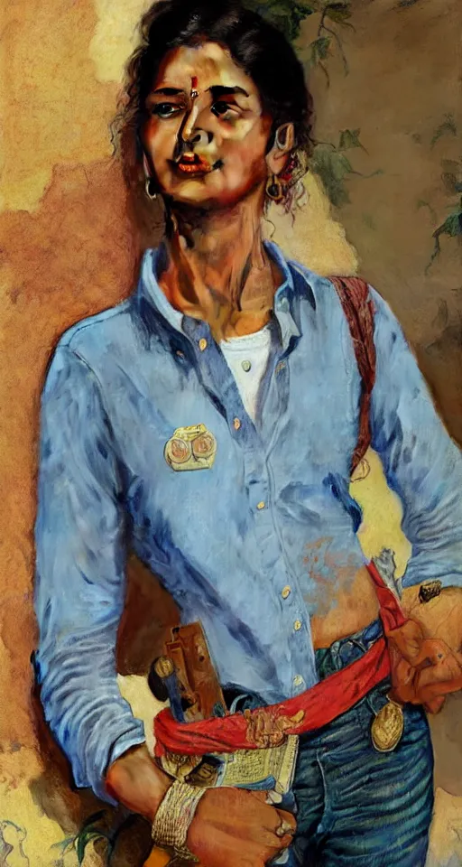 Image similar to close up a beautiful Indian doctor wearing jeans and a shirt in Texas in 2022, sun shining, photo realistic illustration by greg rutkowski, thomas kindkade, alphonse mucha, loish, norman rockwell.