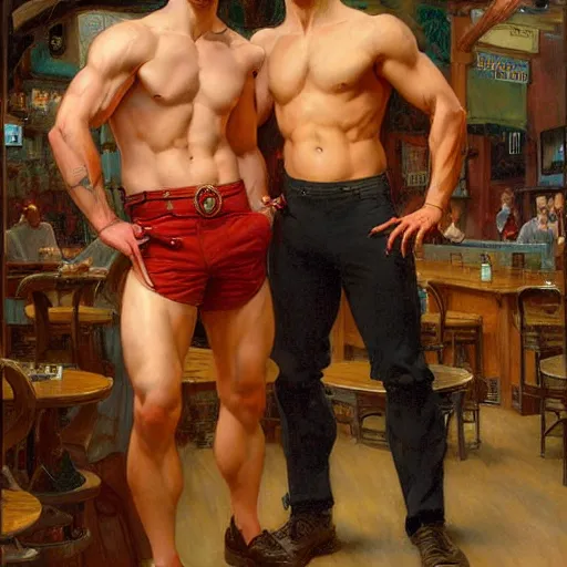 Image similar to attractive muscular male wearing pants with red hair and muscular attractive male wearing pants with black hair, drinking their hearts out, in a pub. very defined and highly detailed painting by j. c. leyendecker, gaston bussiere, craig mullins 8 k