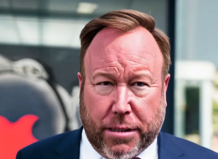 Image similar to dslr photo still of infowars host alex jones in a blue suit fat grey beard and mustache!!! depressed!!! in an!!! apple store trying to get his phone deleted!!!, 5 2 mm f 1. 8