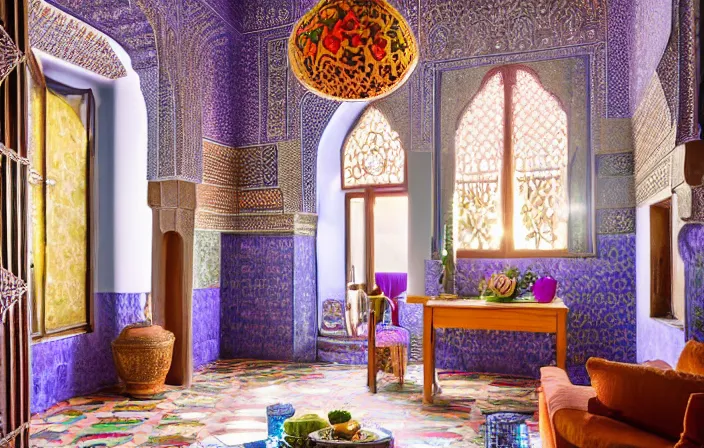 Image similar to Moroccan-style room with colorful tiles and heavy fabrics, stunning interior design, lavender colors, Rustic-interior-lighting, nice-view, stunning-design, quiet, style of Syrie Maugham, 4k, wide-perspective, grand-composition, concept-art, highly-detailed, sublime, dramatic, cinematic
