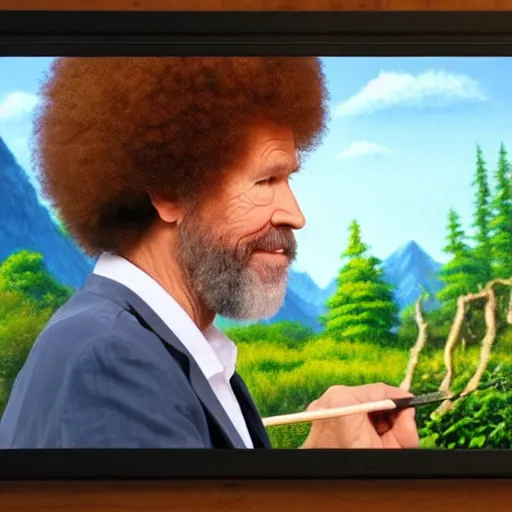 Image similar to a closeup photorealistic photograph of bob ross working on a canvas painting sonic the hedgehog. film still. brightly lit scene. mountains and trees. this 4 k hd image is trending on artstation, featured on behance, well - rendered, extra crisp, features intricate detail, epic composition and the style of unreal engine.