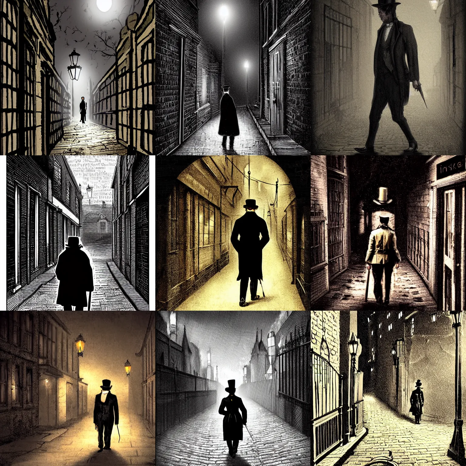 Prompt: victorian london serial killer walking down dark alley way at night, digital art, victorian period