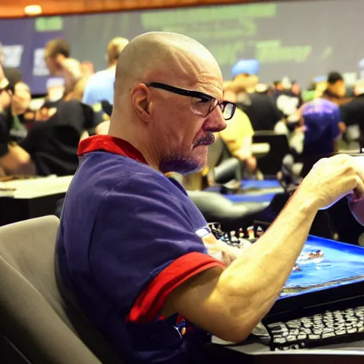 Image similar to walter white intensely gaming at esports tournament infront of crowd