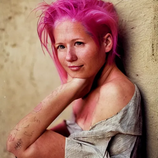 Image similar to a beautiful woman with pink hair and fair skin, portrait photograph, nikon 3 5 mm, photograph by annie leibovitz and steve mccurry,