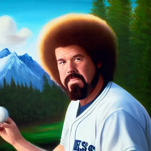 Image similar to a closeup photorealistic photograph of bob ross painting an image of kenny powers pitching a baseball on a canvas. mountains and trees. film still. brightly lit scene. this 4 k hd image is trending on artstation, featured on behance, well - rendered, extra crisp, features intricate detail, epic composition and the style of unreal engine.