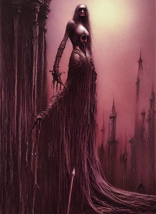 Image similar to majestic dark necromancer queen by Beksinski, Luis Royo