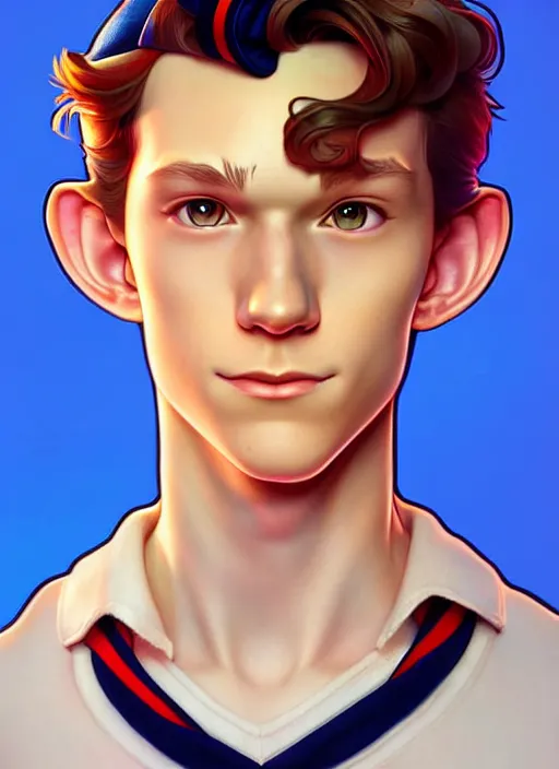 Image similar to cute sailor tom holland, natural lighting, path traced, highly detailed, high quality, digital painting, by don bluth and ross tran and studio ghibli and alphonse mucha, artgerm