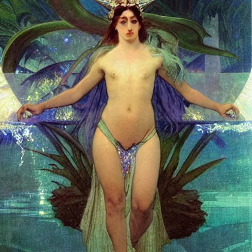 Image similar to Demon Girl at the palace, refracted sparkles, thunderstorm, greek pool, beach and Tropical vegetation on the background major arcana sky, by paul delaroche, alphonse mucha and arnold böcklin, hyperrealistic 8k, award-winning, very very very detailed