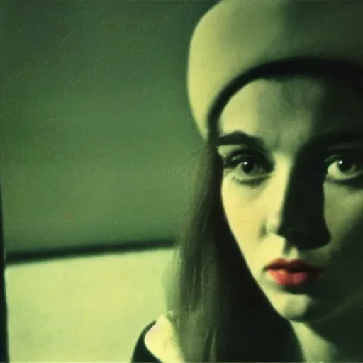 Image similar to still from a masterpiece 1 9 6 0 s french art film, beautiful girl in beret with large eyebrows in the background sits with an angry expression, moody lighting, viewed from afar, cinematic shot