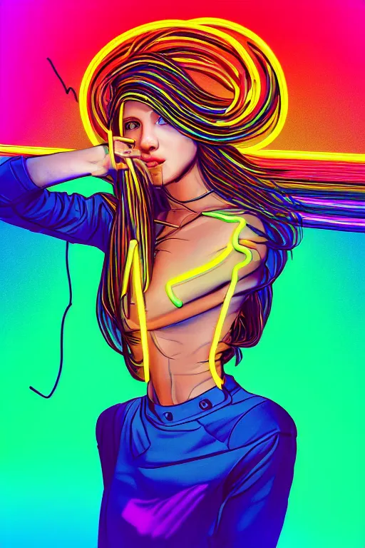 Image similar to a award winning half body portrait of a beautiful woman with stunning eyes in a croptop and cargo pants with rainbow colored ombre hairstyle head in motion and hair flying by thomas danthony, outlined by whirling illuminated neon lines, outrun, vaporware, shaded flat illustration, digital art, trending on artstation, highly detailed, fine detail, intricate