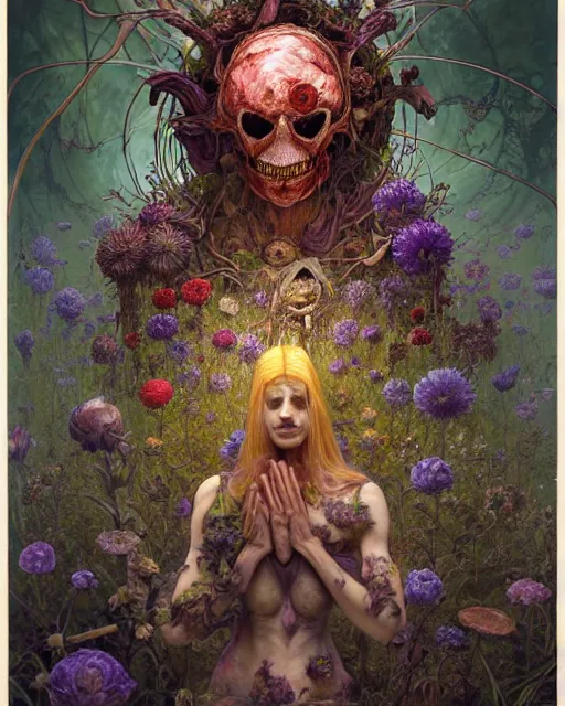 Prompt: the platonic ideal of flowers, rotting, insects and praying of cletus kasady carnage davinci dementor wild hunt chtulu mandelbulb mandala ponyo heavy rain the witcher, d & d, fantasy, ego death, decay, dmt, psilocybin, concept art by randy vargas and greg rutkowski and ruan jia and alphonse mucha