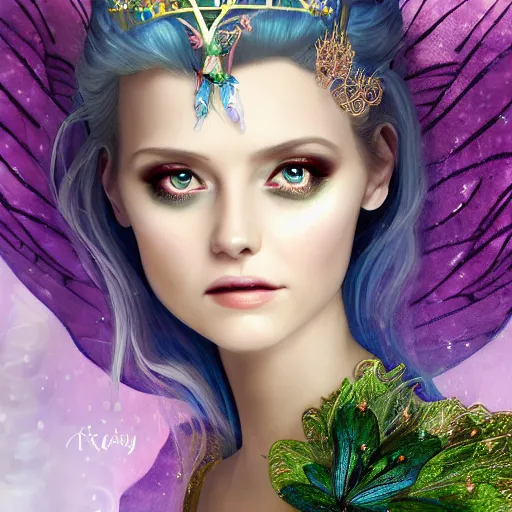 Prompt: detailed portrait of a fairy queen with wings wearing a silk robe, crown, pixie, iris, realism, emerald, galaxy, sapphire,blonde hair going down to the floor, moonlit, detailed face, 4k, wearing a bejeweled mask, dark fantasy, dramatic lighting, cgsociety, artstation