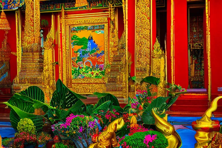 Prompt: summer morning, thai temple, rolling mountain, very coherent and colorful high contrast, art, dark shadows, hard lighting