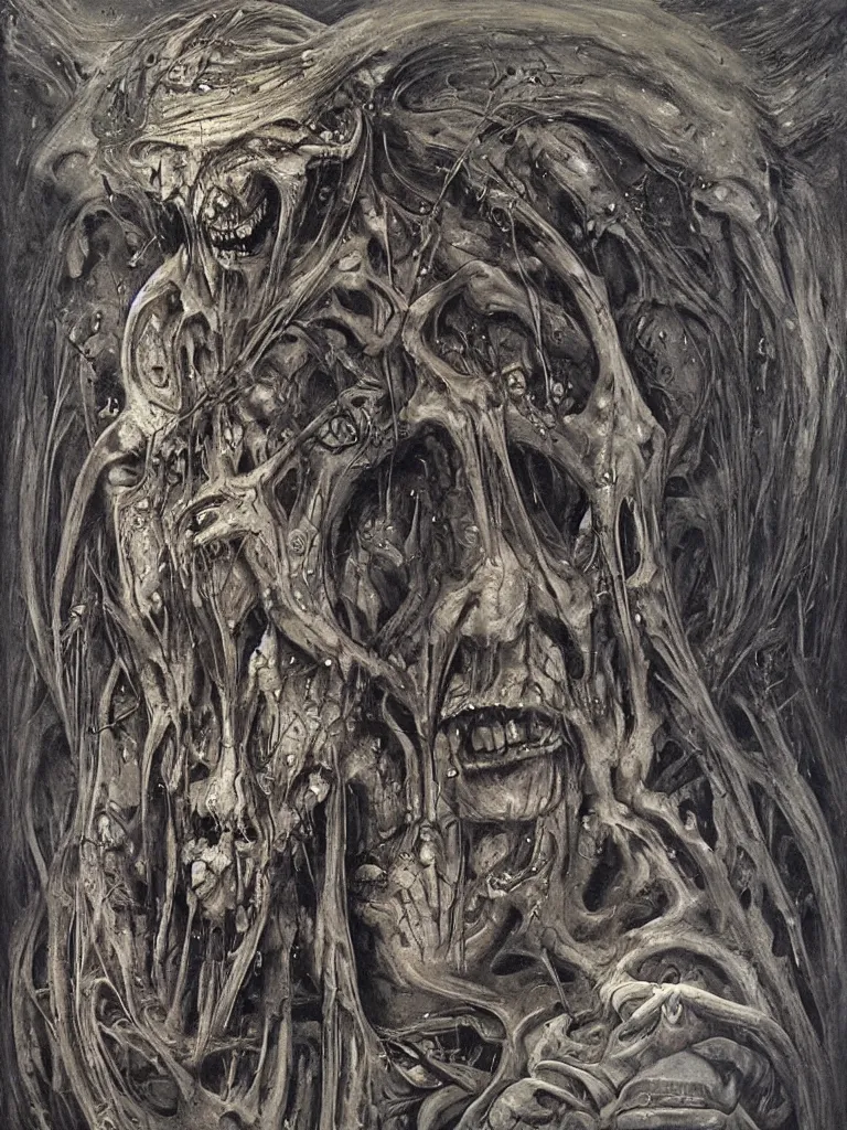 Prompt: loosely translating into fear within, timor intrinsecus is a self - reflective expression of pavlovian conditioning of an irrational fear response into the core functioning of being, consequentially, this indoctrinated phobia becomes the natural lens through which all reality is perceived, oil painting by h. r. giger and zdzisław beksinski,