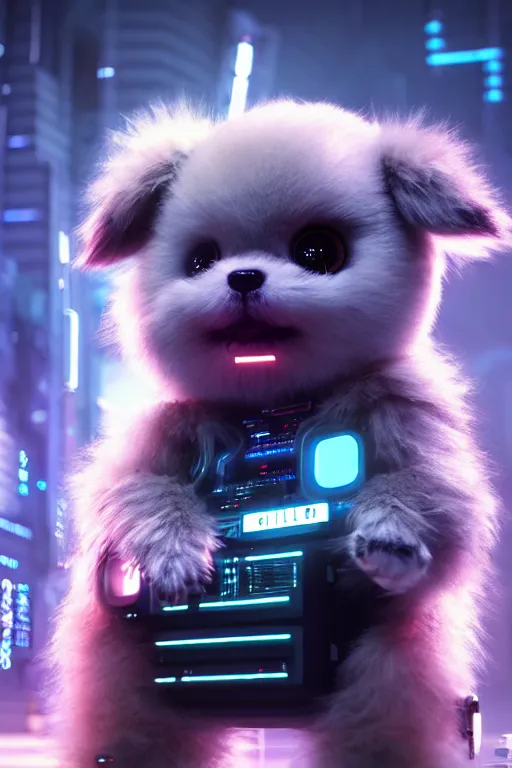 Prompt: high quality 3 d render very cute fluffy cyborg!! dog plays synthesizer, cyberpunk highly detailed, unreal engine cinematic smooth, in the style of blade runner & detective pikachu, hannah yata charlie immer, moody light, low angle, uhd 8 k, sharp focus