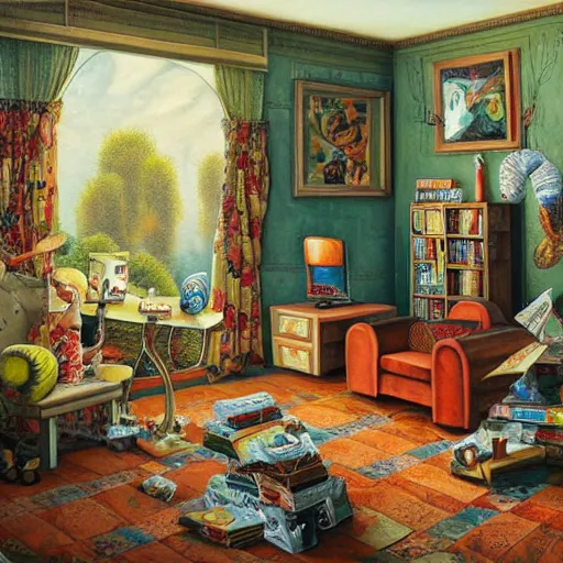 Image similar to a painting of a living room filled with furniture, a surrealist painting by jacek yerka, cgsociety, fantastic realism, maximalist, surrealist, detailed painting