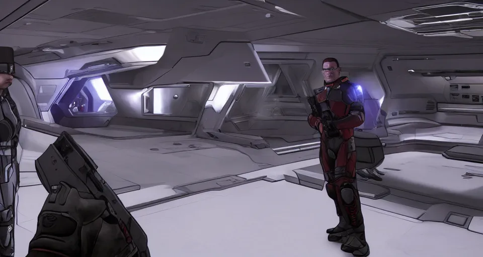 Prompt: low light settings. hank hill as commander shepard alone within the ssv normandy in the videogame mass effect 2. mid - conversation portrait. dim spaceship interior bg behind him. cutscene. hd.