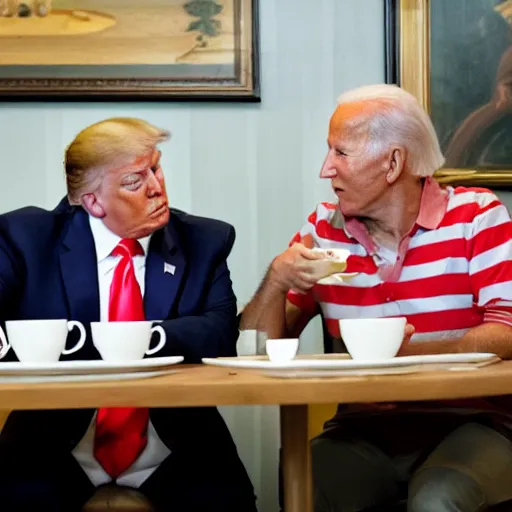 Image similar to photograph of trump and Biden sitting and eating breakfast at a Wafflehouse