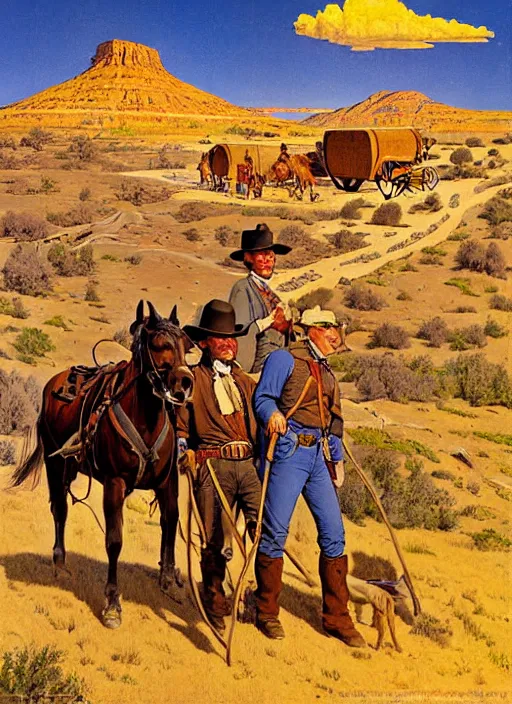 Image similar to old west wagon trail, oregon trail. portrait by jean giraud and anton otto fischer and john philip falter and will eisner and gil elvgren