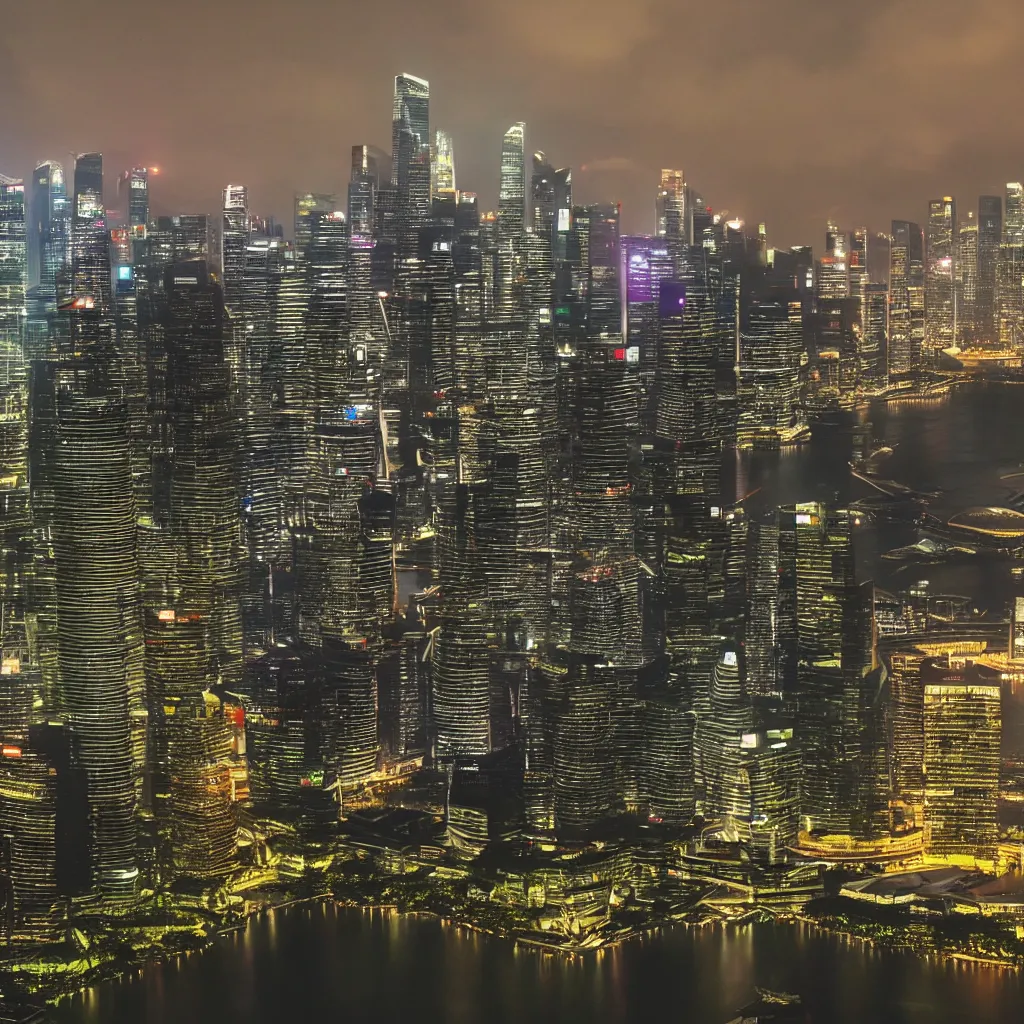 Image similar to blade runner style scenery in singapore with marina bay sands in photorealistic detail hd 8 k