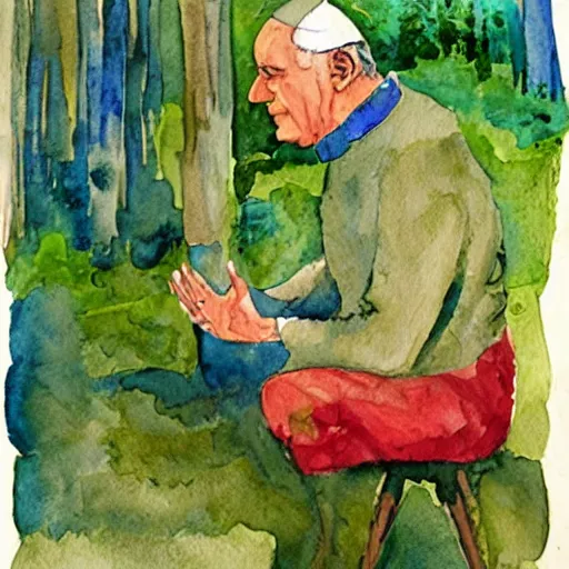 Prompt: watercolor and collage by eric carle, of the pope squatting on a toilet in the forest, peaceful mood