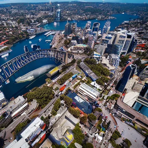 Image similar to A moshpit on top of the Sydney harbor bridge, drone photograph