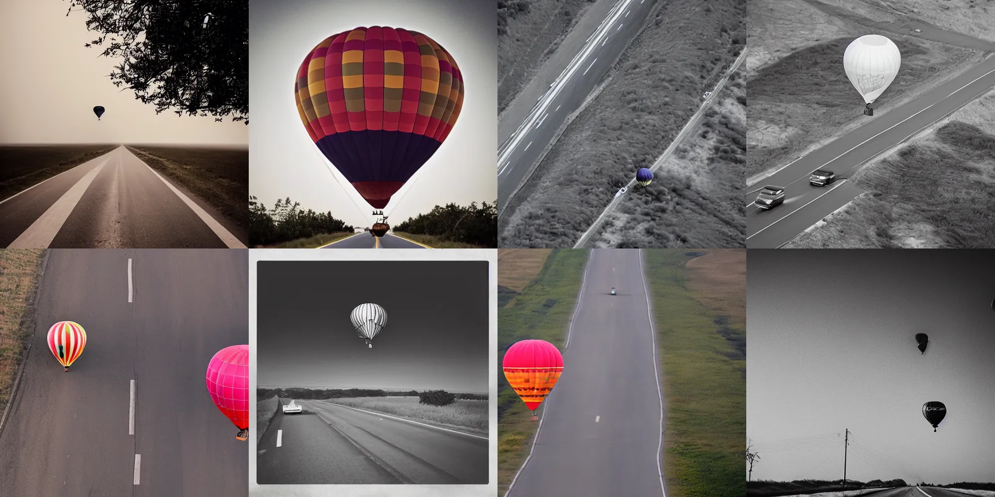 Image similar to a hot air balloon flying in the middle of the road, liminal space, uncanny, saturated, eerie, morbid