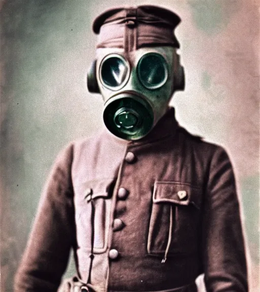 Image similar to person wearing scary gas mask, ww1 technicolor film photo, grainy, high detail, high resolution