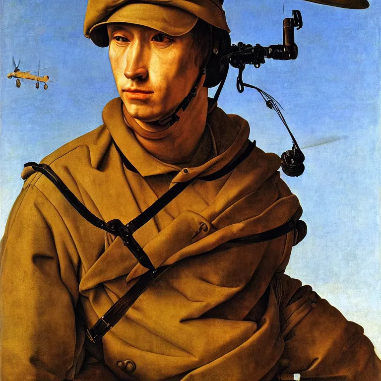 Image similar to portrait of an us soldier, vietnam war, majestic, posing in a helicopter, fine art portrait painting, strong light, clair obscur, by albrecht durer, by caravaggio