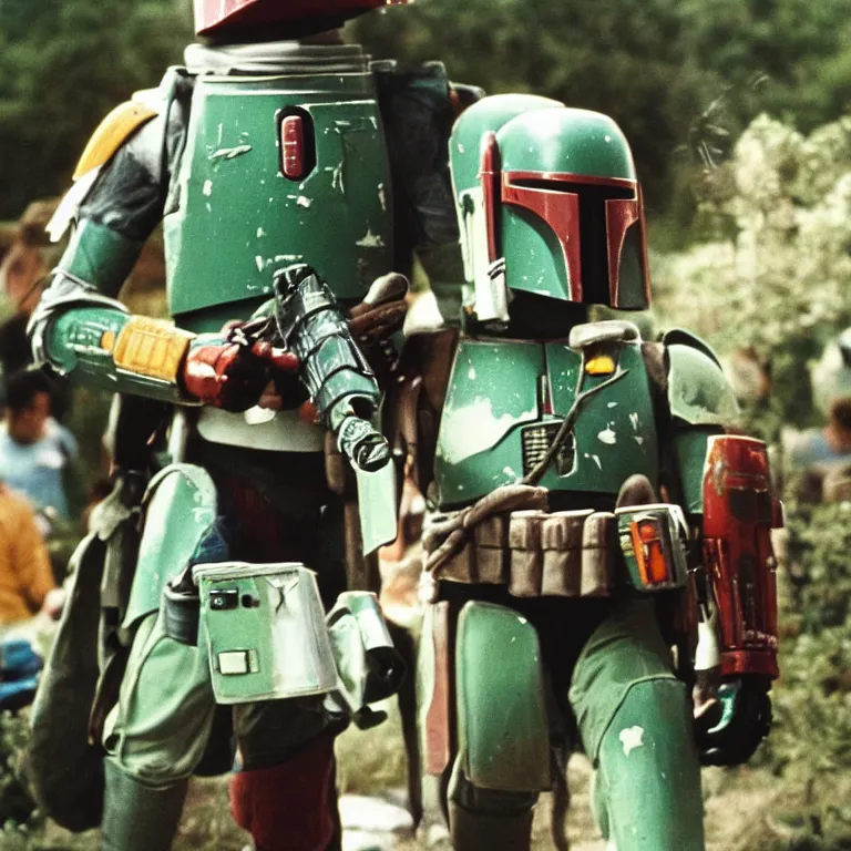 Prompt: photo of boba fett at woodstock, 1 9 6 9, 3 5 mm film, fuji velvia