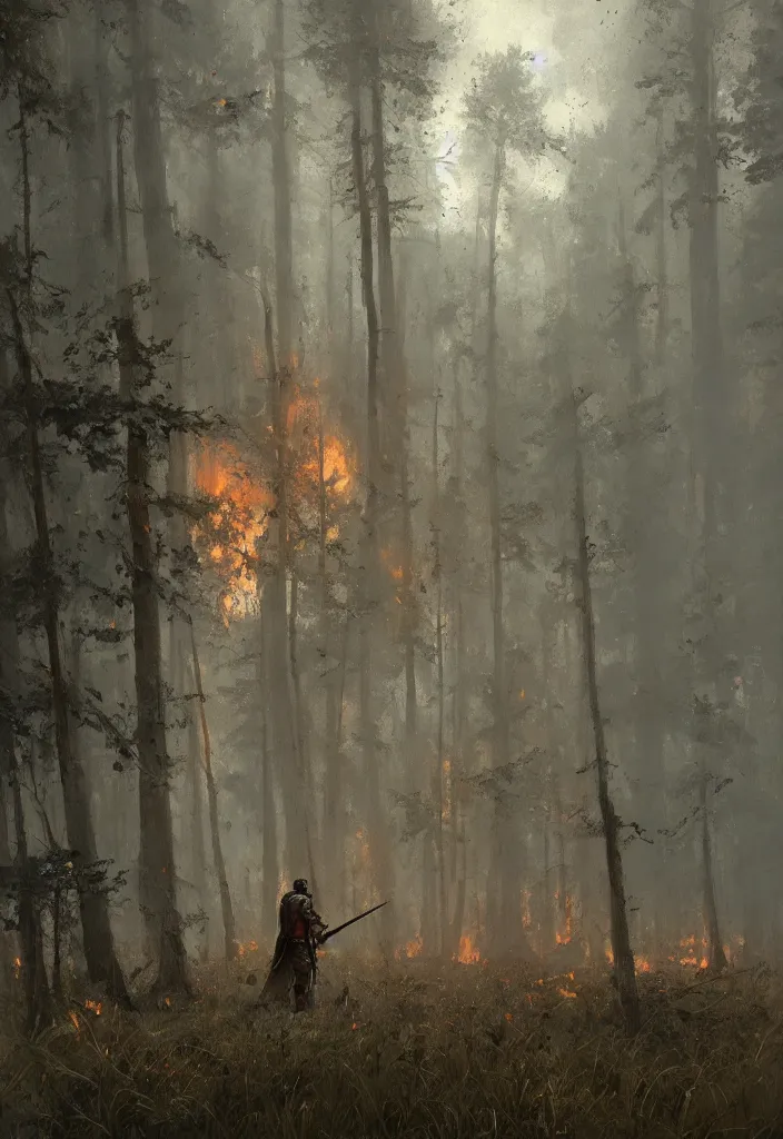 Image similar to a knight in armor standing in a dense burning forest, artstation, jakub rozalski, high detail