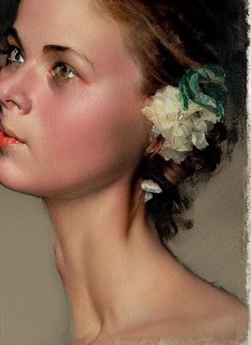 Prompt: high quality high detail painting by norman rockwell, hd, close up portrait, pretty young woman, muted pastel colors, photorealistic lighting