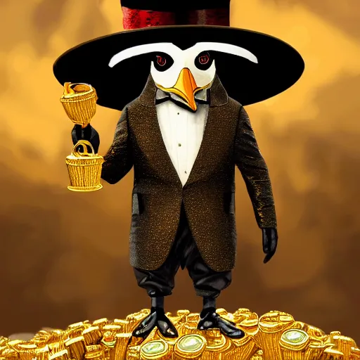 Image similar to anthropomorphized rich penguin capitalist sitting on pile of gold, wearing fancy top hat, concept art, insanely detailed and intricate, hypermaximalist, elegant, ornate, hyper realistic, super detailed, art deco, cinematic, trending on artstation, magic the gathering artwork