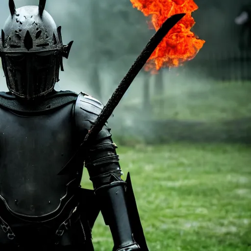 Image similar to a black knight in shining armor, a terrible mask on his face, eyes burning with red fire. a boy is standing next to him and he has a sword in his hands