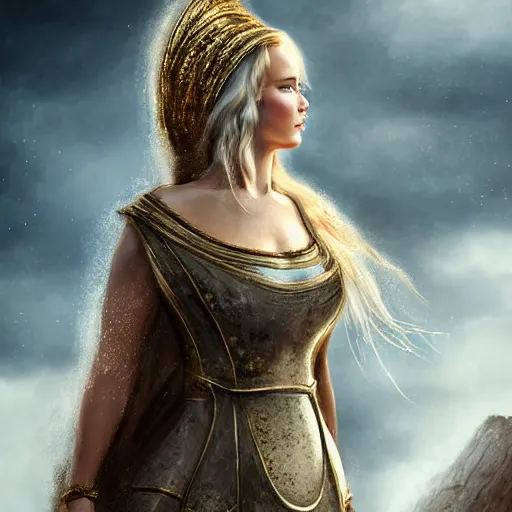 Image similar to Jennifer Lawrence as ancient greek woman in golden helmet, giant grey-haired bearded male face in the sky, epic fantasy style art, fantasy epic digital art