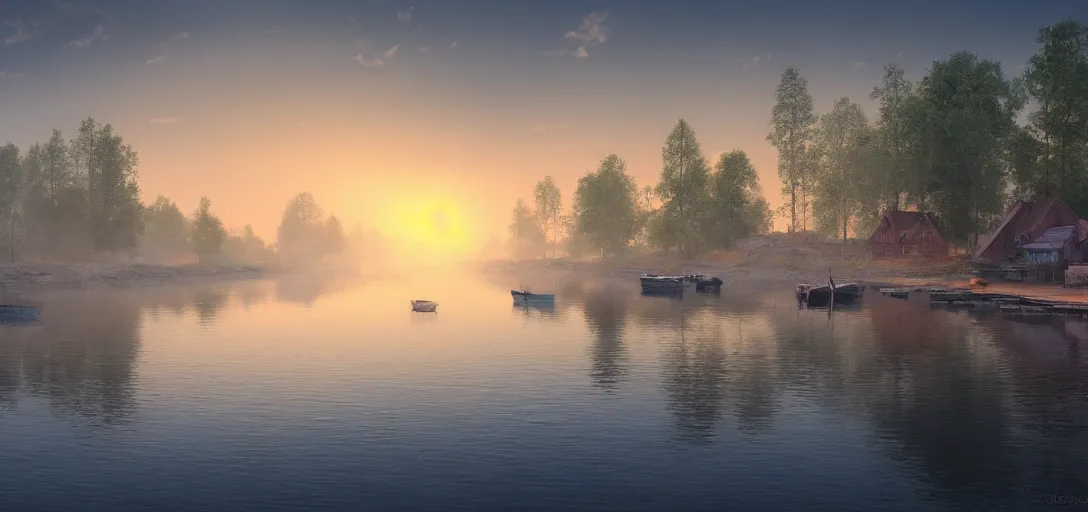 Image similar to concept art of a peaceful fishing village on a river in finland, dawn, atmospheric, hazy