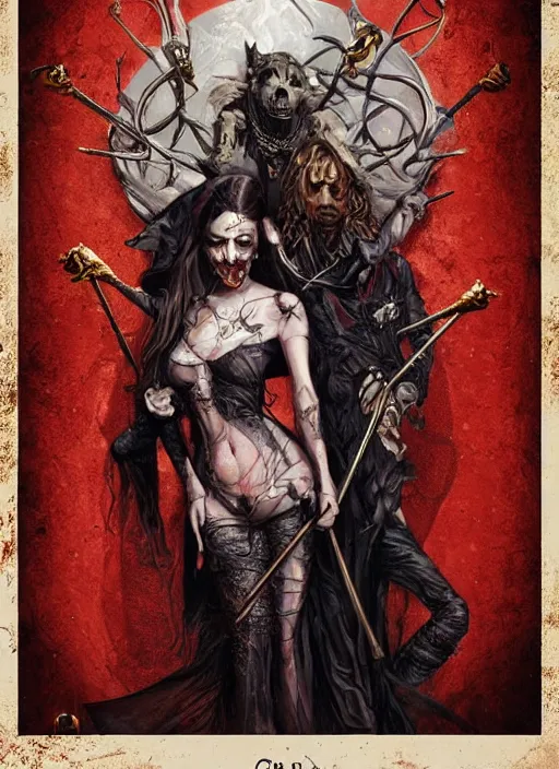 Image similar to tarot card :: horror :: vampires and draculas :: cult and clan :: hearts and roses :: gold and silver :: guns and swords :: highly details :: intricate details :: Sandra Chevrier and bastien lecouffe deharme