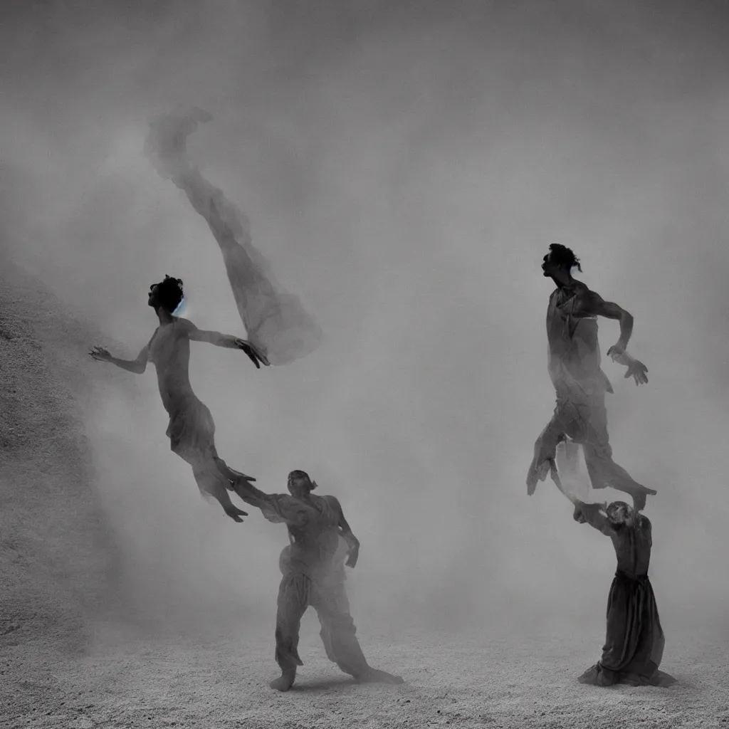 Prompt: color photography, dimitris papaioannou choreography, portrait of indigenous spiritual healer shaman dancing in underworld with spirits and shadows, in sandstorm dust mountain temple oasis